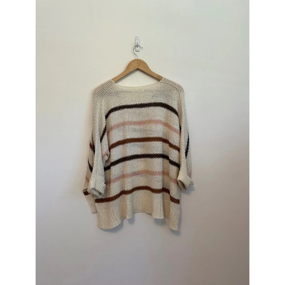 Lavender J Cream and Brown Striped  Oversized Open Knit Sweater Relaxed - Picture 4 of 7